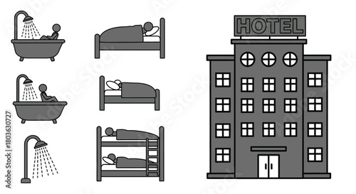 Hotel rooms and amenities vector illustration for travel sites