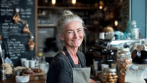 Senior woman barista owns coffee shop business. Elderly female cafe owner works professionally at counter. Mature 60+ entrepreneur in micro business. Active retirement lifestyle concept.