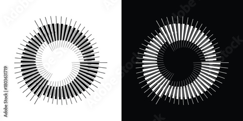 Creative radial lines in circle form. Graphic design element with black and white illustration