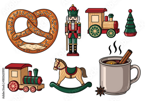 Christmas themed illustration featuring a pretzel, nutcracker, toy trains, tree, rocking horse and a mug of mulled wine.