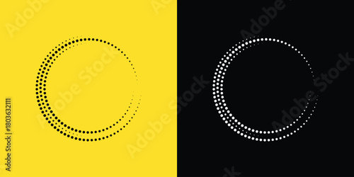 Halftone design circle frame. Round dotted symbol on yellow and black background design. Vector illustration