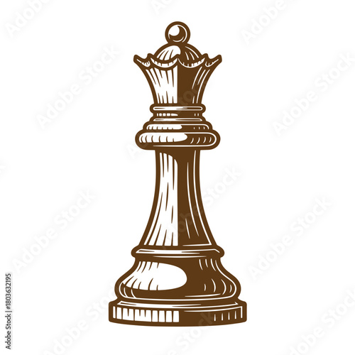 Vintage sketch illustration of a detailed chess queen piece isolated on white background