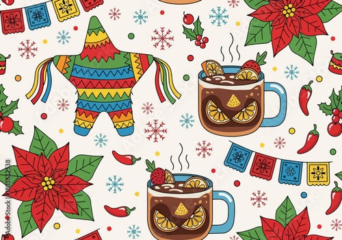 Festive illustration features a colorful piñata, mugs of hot chocolate, and holiday decorations.