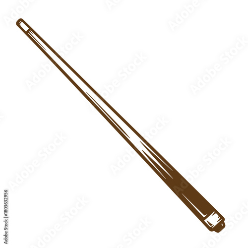 Detailed brown sketch of a billiard cue stick isolated against a white background
