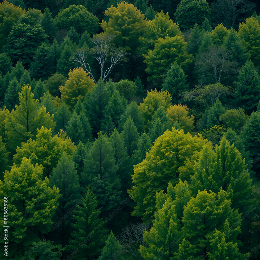 Obraz premium Dense foliage of deciduous trees in a forest landscape, foliage, trees, woodland