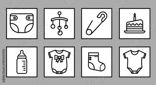 Baby icons set vector illustration for newborn and baby shower