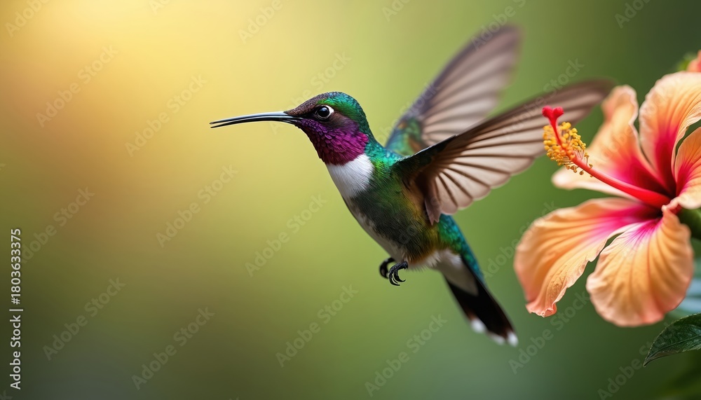 Naklejka premium Tiny hummingbird hovers near bright hibiscus flower. Iridescent bird sips nectar from bloom with long beak. Delicate wings beat fast, creating blur. Lush green foliage background.