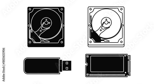 Storage devices hard drive ssd flash drive vector illustration