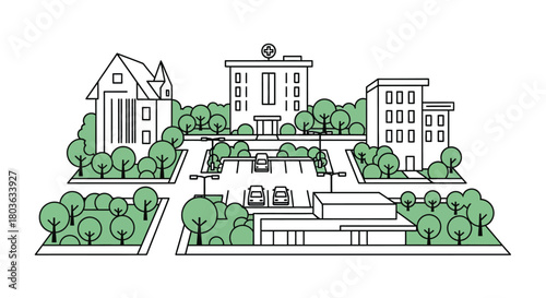 Modern city block with hospital, office, and trees illustration