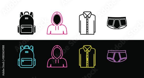 Clothing backpack hoodie shirt underwear fashion vector icons