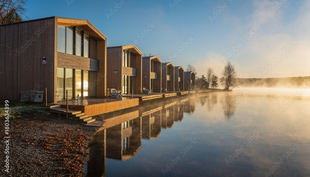 Fototapeta premium Sustainable Resort Architecture on Misty Lakeside at Sunrise