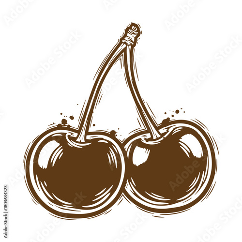 Detailed brown sketch of two cherries with stems in a vintage artistic style