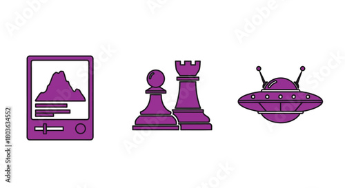 Purple illustration featuring game screen chess pieces and ufo art