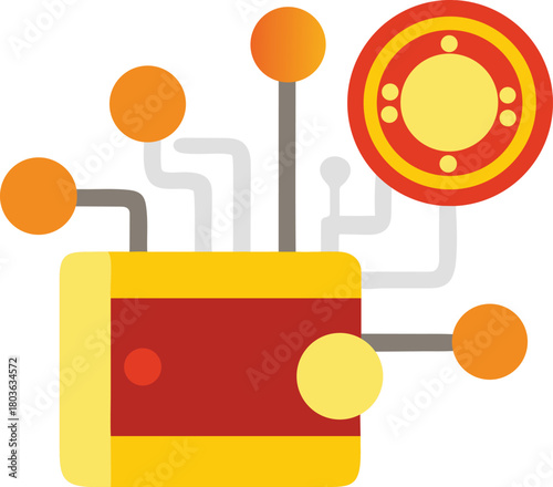 Abstract geometric representation of a technological concept with connected nodes and circuits, isolated on white.