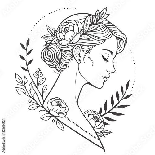 Stylized woman with flowers, serene black and white, natural elegance and beauty, with botanical wreath