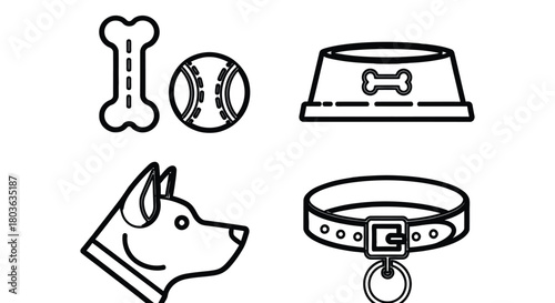 Dog accessories icons vector set pet supplies outline design art
