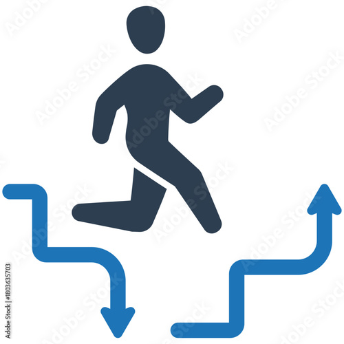 Navigating Success: A dynamic illustration captures a determined figure leaping forward, navigating a path of challenges with unwavering resolve. This symbol of progress inspires and encourages.