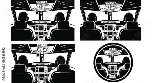 Pilots in plane cockpit ready for flight takeoff airline transportation