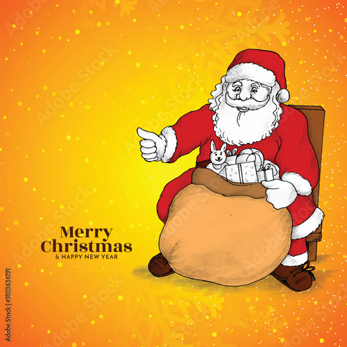 Illustration of Merry Christmas and Happy New year greeting card with Santa sitting on a chair with gift pouch isolated on orange and yellow gradient background