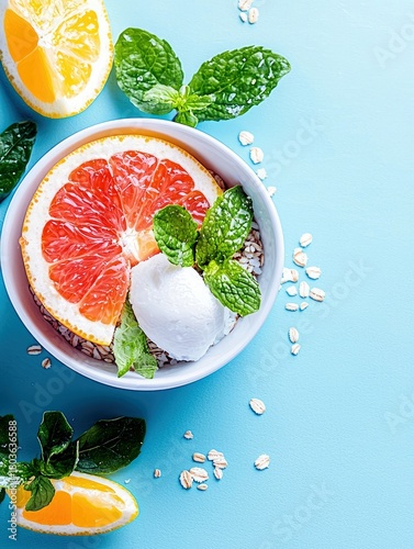 A vibrant and refreshing breakfast bowl featuring a slice of grapefruit, a scoop of white yogurt or ice cream, and fresh mint leaves, surrounded by oats and cit