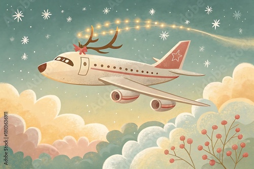 a whimsical illustration features a reindeer antlered airplane soaring through a starlit sky with fluffy clouds and a glowing trail