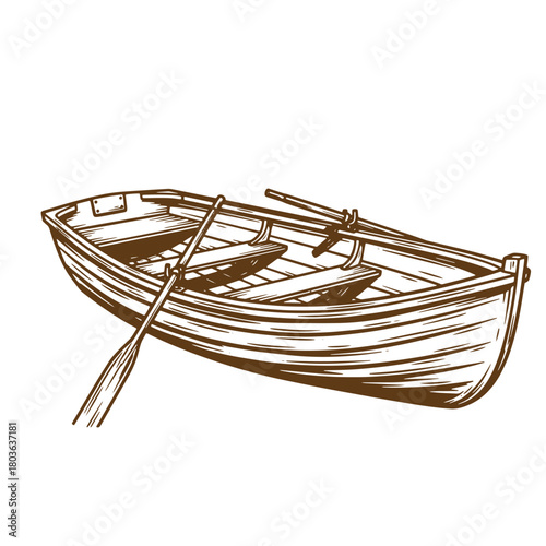 A detailed hand drawn sketch vintage rowing boat featuring wooden seats and oars isolated