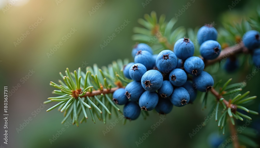 Obraz premium Eastern red cedar tree branch with ripe blue berries. Close-up view of evergreen foliage and small indigo fruits. Nature concept for botanical design.
