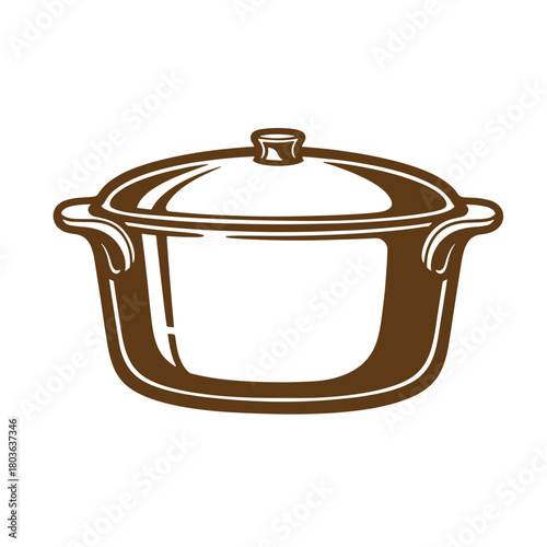 A vintage sketch of a brown covered cooking pot depicting culinary activities