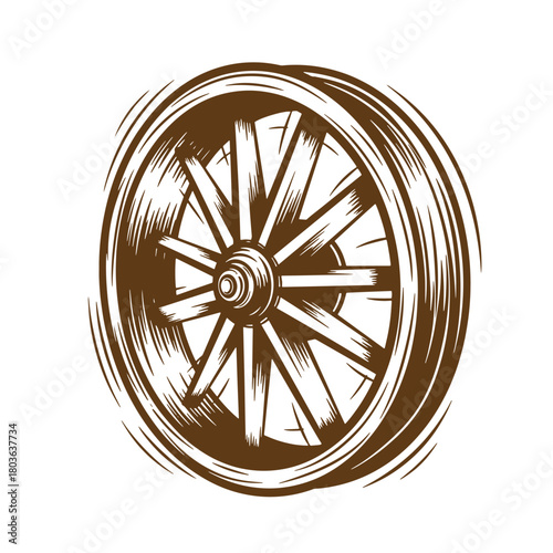 Artistic illustration of a rotating wooden wagon wheel in a sketch vintage style