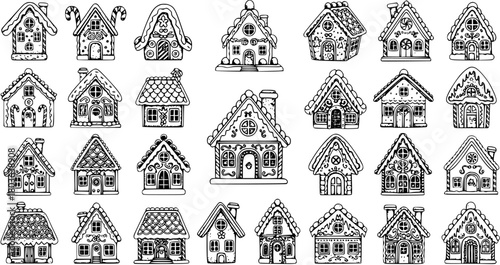 Detailed hand-drawn collection of black and white gingerbread houses. Festive winter and Christmas holiday season sweet treats outline drawings, perfect for greeting cards, decorations, and designs.