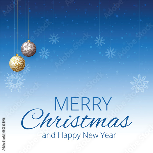 Illustration of Merry Christmas and Happy New Year greeting card with blue and silver Christmas ball and photons and snowflakes on sky blue and white gradient background 