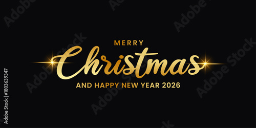 Luxury golden script Christmas and New Year 2026 greeting on solid black background