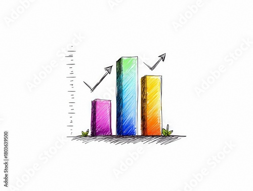 A colorful, hand-drawn bar chart depicts a positive growth trend with arrows indicating an upward trajectory.