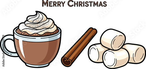 Merry christmas with hot chocolate, whipped cream, and marshmallows