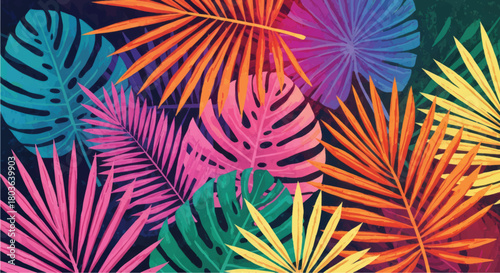 Vibrant neon tropical leaves and exotic palm fronds on a dark background illustration