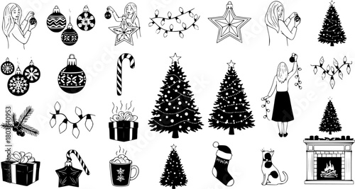 Christmas Festive Icon Set: Holiday Season Illustrations in Black and White