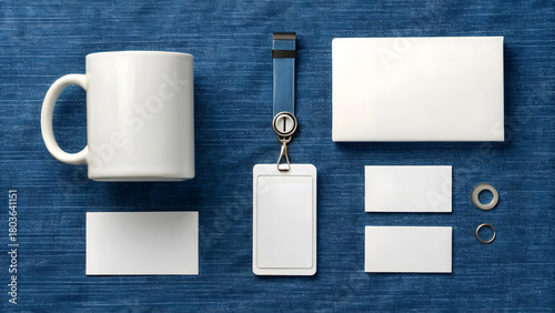 White mug badge card and business cards flat lay image