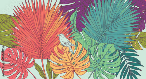 Tropical Bird Amidst Colorful Foliage A Vibrant Botanical Illustration