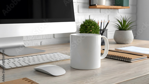 White mug on wooden desk with computer and plants image
