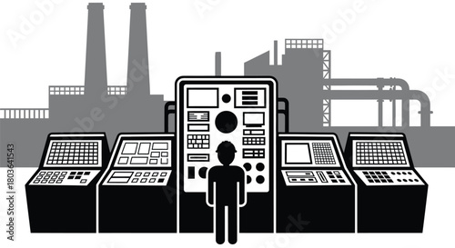 Industrial factory control room automation system monitoring worker