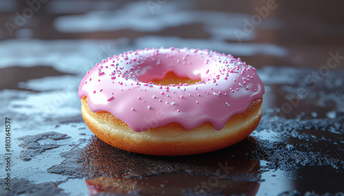 Single donut with pink glaze on dark background, macro close-up
