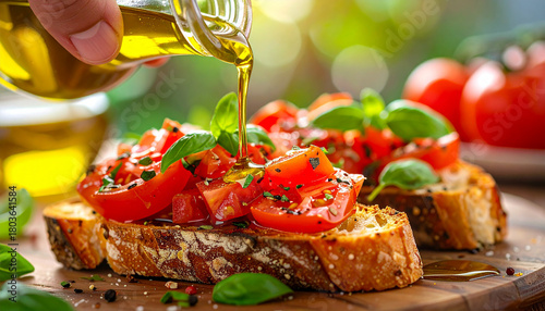 Hand drizzling olive oil over rustic tomato bruschetta, macro food photography