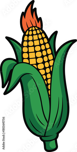 Cartoon Corn Cob with Fiery Top and Green Leaves maize grain