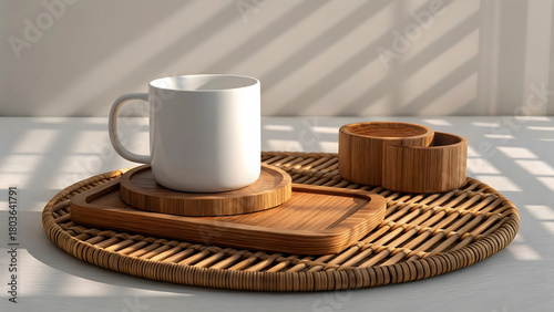 White mug on wooden coasters and tray mockup coffee