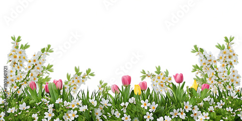 Spring floral border with tulips and white flowers on white background graphic design isolated on a transparent background