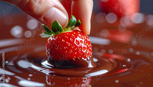Hand dipping a fresh strawberry into glossy melted chocolate, extreme close-up