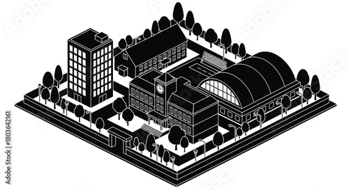 Isometric school campus building architecture black and white design