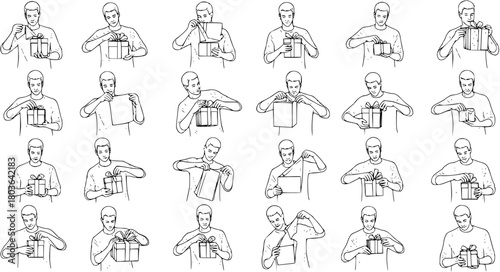 Detailed Sequence of Men Opening Gift Boxes and Presents, Showing Various Unwrapping Actions. Hand-drawn Line Art Illustrations in Sketch Style for Gift Receiving and Giving Concepts.