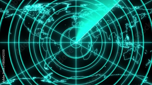 Glowing neon cyan radar screen. Abstract Hud call Rader concept. Radar point dictated to the enemy position. Digital realistic Technology radar animation.