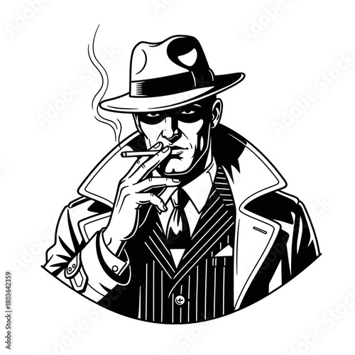 Classic detective character illustration in black and white, featuring a fedora-wearing man with a trench coat smoking, evoking a noir atmosphere
